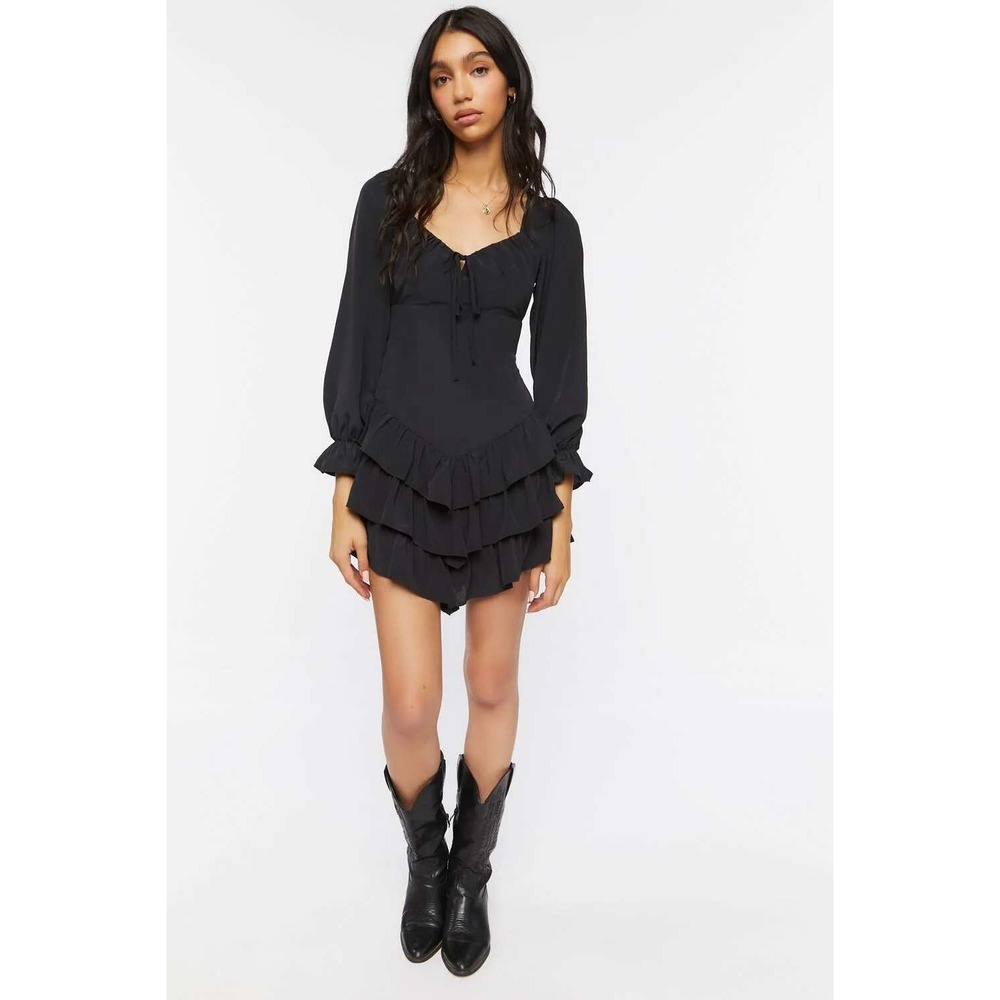 Black Milkmaid Mini Dress XS Goth Witchy Open Back Halloween Ruffled Tiered